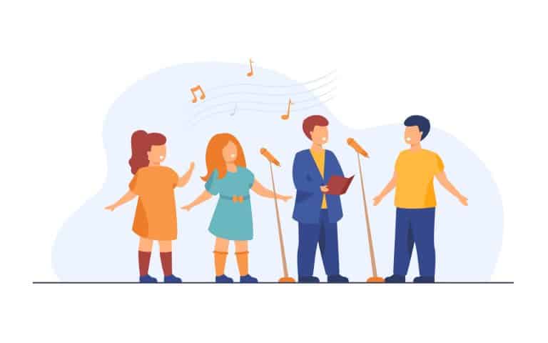 Children choir singing song in church flat vector illustration